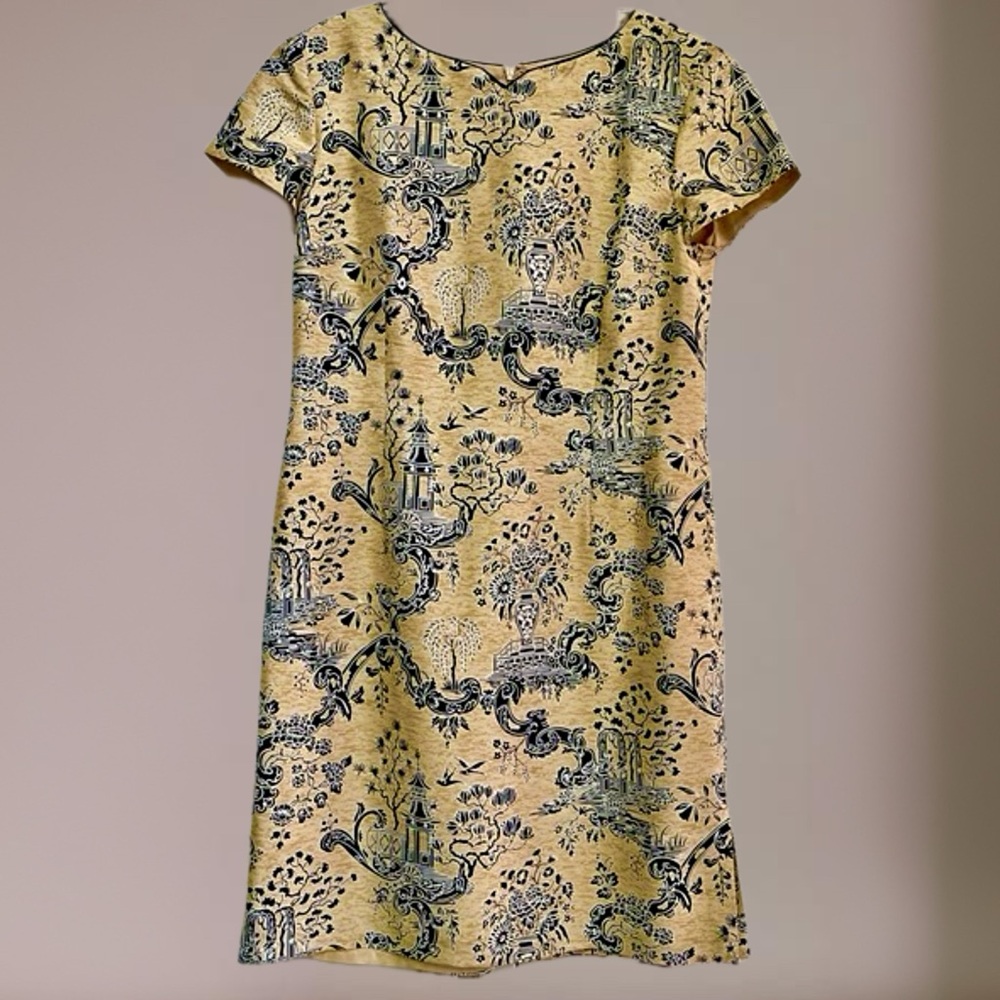 Talbots 100 % Silk Sheath Dress Asian Print Tan/Black Size 12